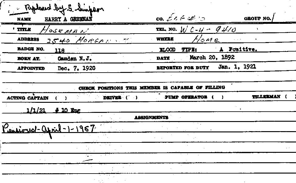 Harry A. Greenan Camden Fire Department personnel card
