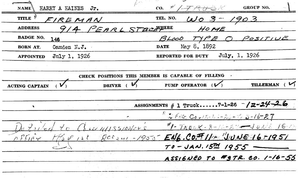 Camden Fire Department Service Record — Harry A. Haines Jr., Card 1