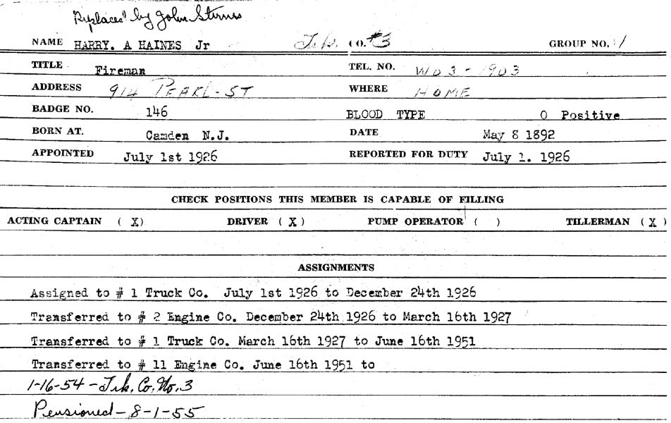 Camden Fire Department Service Record — Harry A. Haines Jr., Card 2