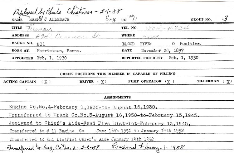 Camden Fire Department service record for Harry J. Allebach: Badge No. 201, appointed February 1, 1930, pensioned February 1, 1958