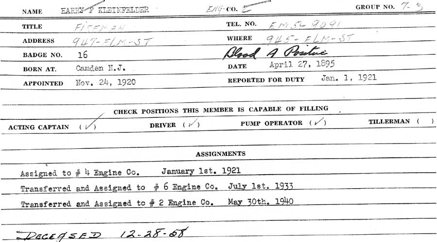 Camden Fire Department service record card for Harry F. Kleinfelder
