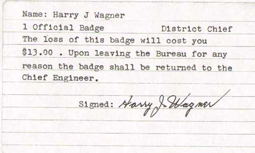 Camden Fire Department badge receipt card for Harry J. Wagner — District Chief