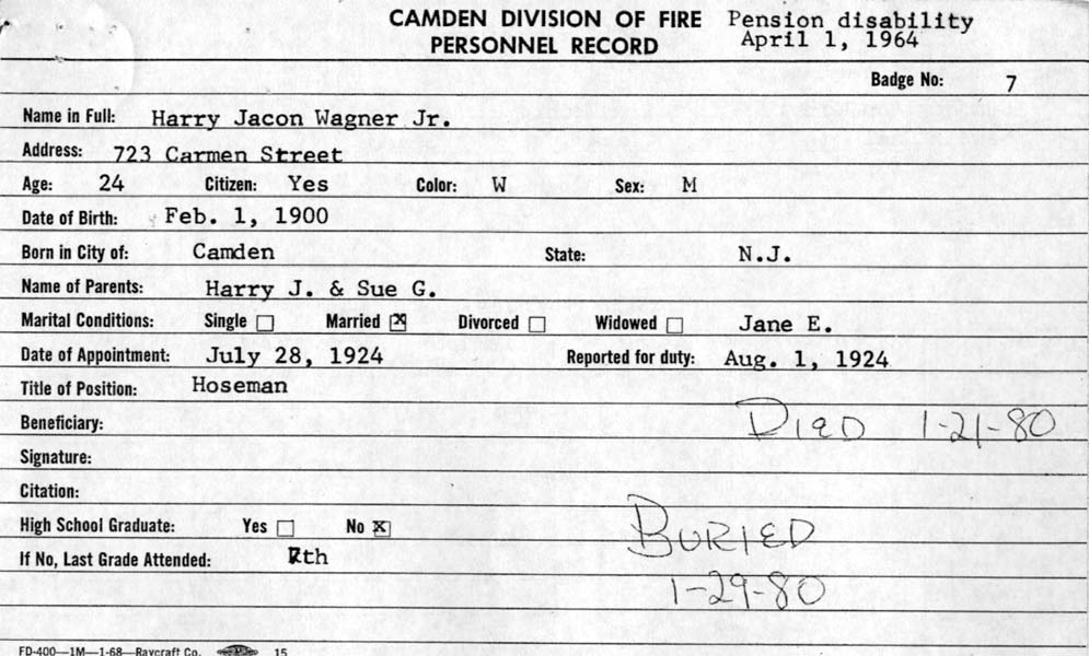 Camden Division of Fire Personnel Record for Harry Jacon Wagner Jr.