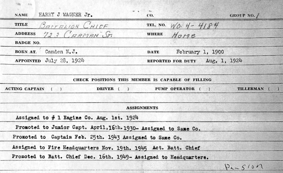 Personnel Card — Camden Fire Bureau for Harry J. Wagner Jr. — Battalion Chief assignments
