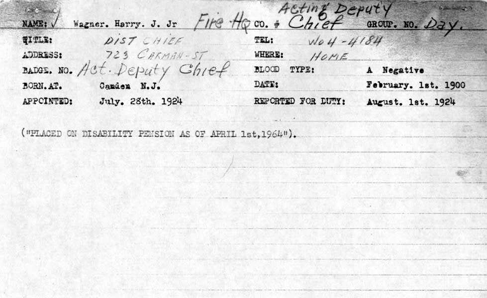 Personnel Card — Camden Fire Bureau for Harry J. Wagner Jr. — District Chief / Acting Deputy Chief