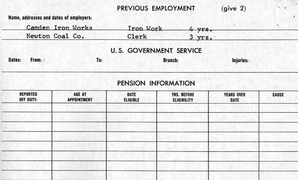 Camden Division of Fire Personnel Record — Previous Employment for Harry Wagner Jr.