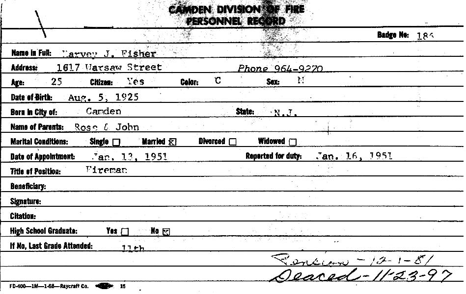 Camden Fire Department personnel record card for Harvey J. Fisher