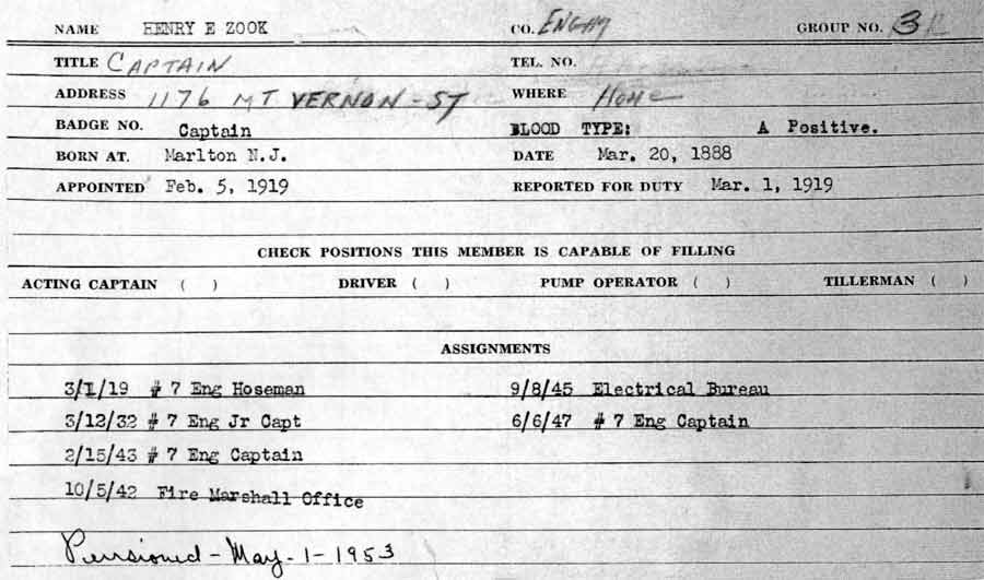 Camden Fire Department personnel record — Henry E. Zook, Captain, Engine Company 7
