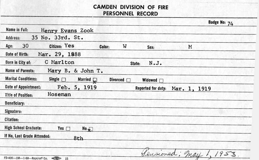 Camden Division of Fire Personnel Record — Henry Evans Zook (front)