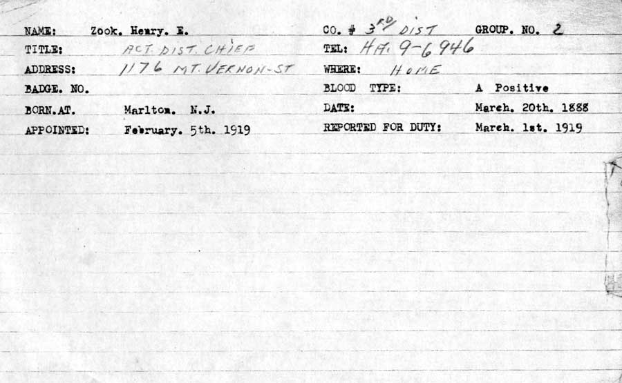 Camden Fire Department personnel record — Henry E. Zook, Acting District Chief