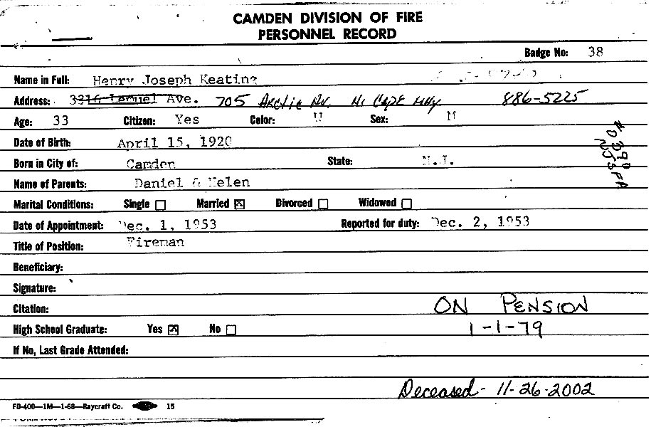 Henry Joseph Keating Sr. fire department service record