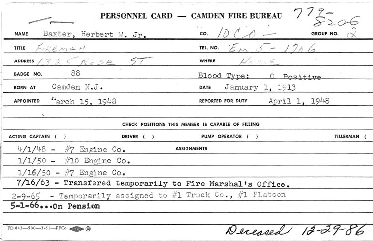 Herbert W. Baxter Jr. fire department service record