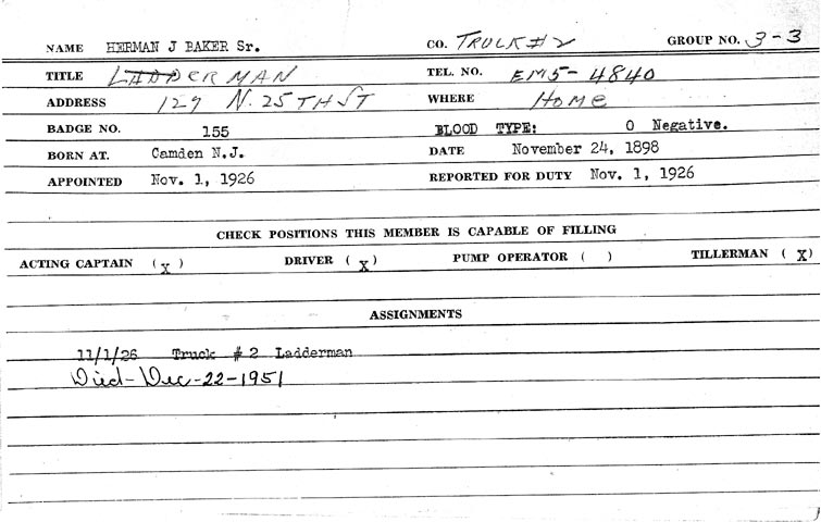 Herman J. Baker Sr. fire department service record