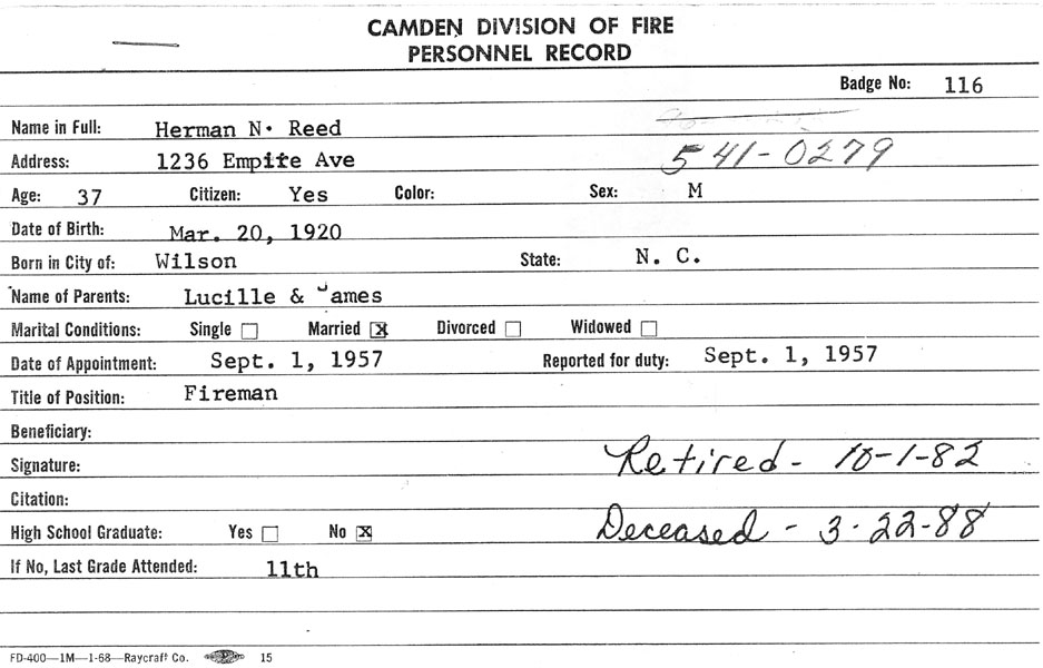 Camden Division of Fire Personnel Record — Herman N. Reed, Badge No. 116