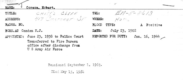 Hobart Corson fire department record card, page 1