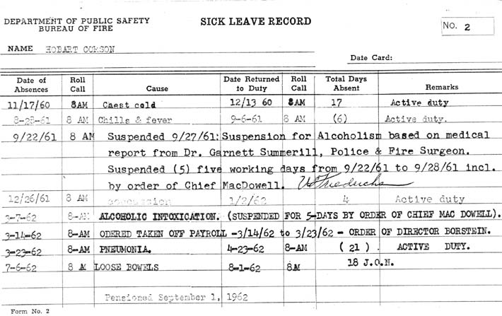 Hobart Corson fire department record card, page 3