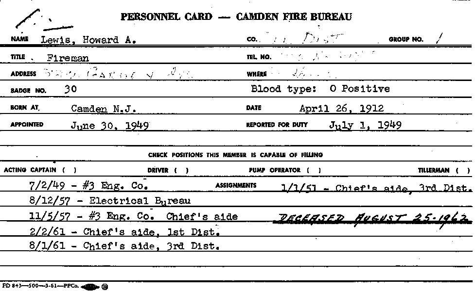 Howard A. Lewis fire department record card