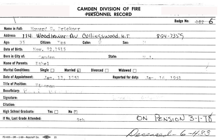 Camden Division of Fire Personnel Record — Howard G. Brickner, Badge No. 5, appointed January 13, 1951