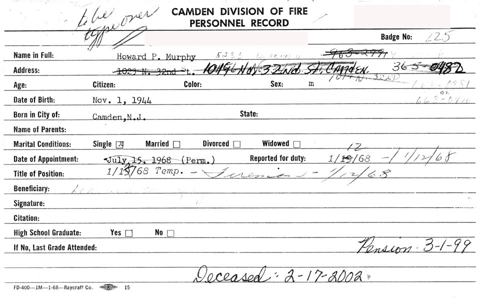 Howard P. Murphy fire department record card