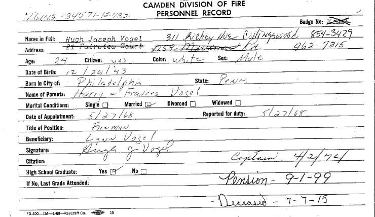 Camden Division of Fire Personnel Record — Hugh Joseph Vogel, appointed May 27, 1968, Captain April 2, 1974