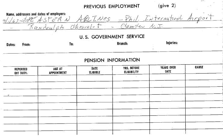 Camden Division of Fire Personnel Record — Previous Employment page, Hugh Joseph Vogel
