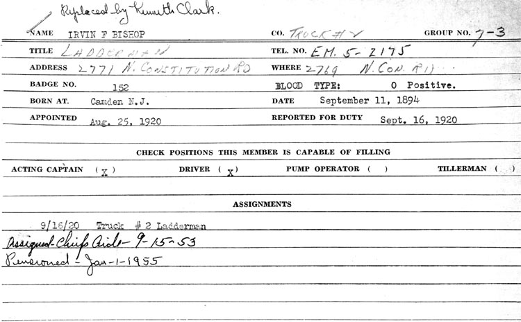 Camden Fire Department personnel card for Irvin F. Bishop