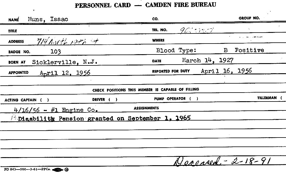 Isaac Muns fire department employment card, front