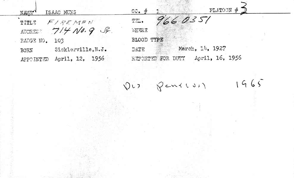 Isaac Muns fire department employment card, back