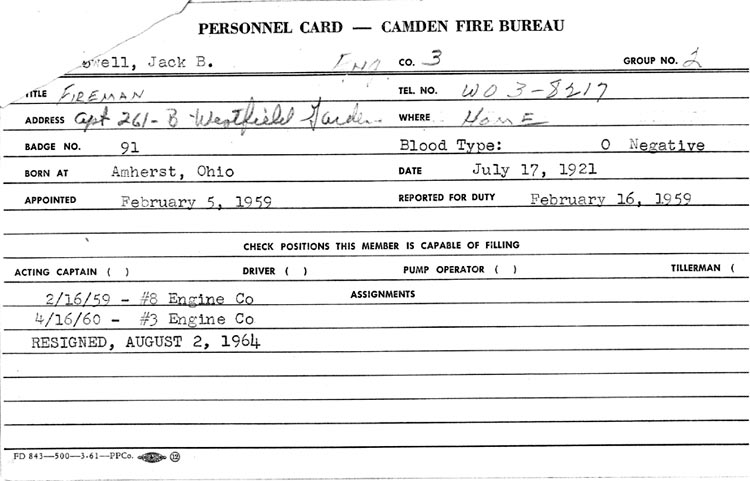 Personnel Card — Camden Fire Bureau — Jack B. Bowell