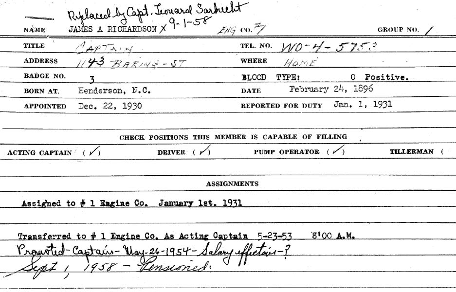 Camden Fire Department personnel card for James A. Richardson