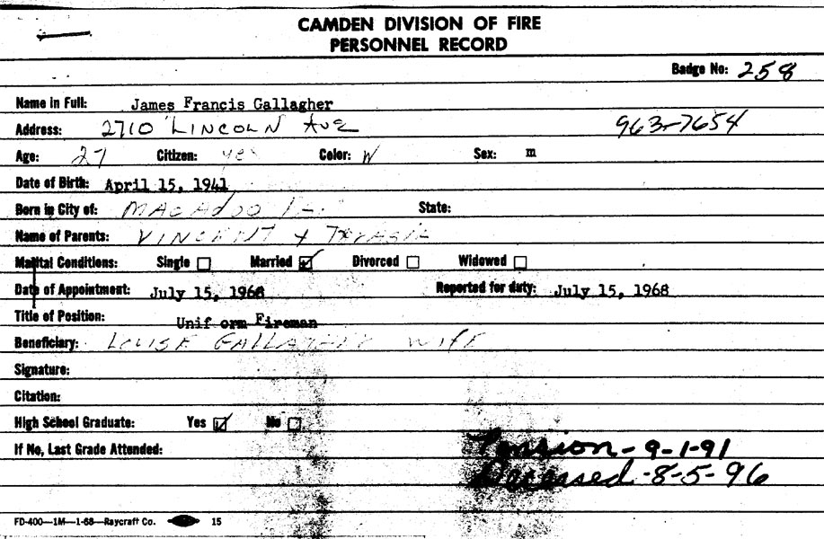 Camden Division of Fire Personnel Record for James Francis Gallagher, badge 258