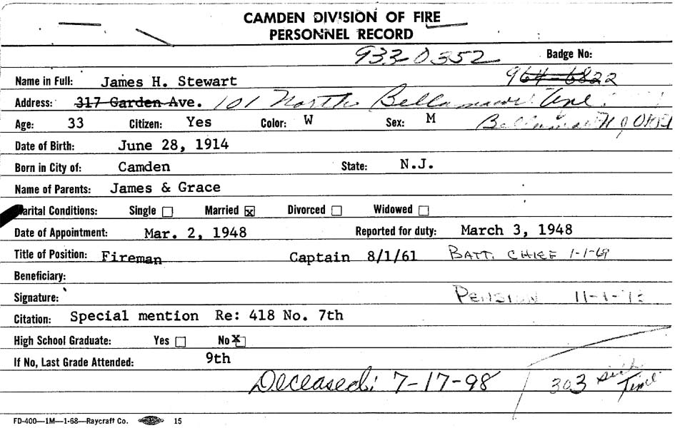 Camden Division of Fire personnel record — James H. Stewart