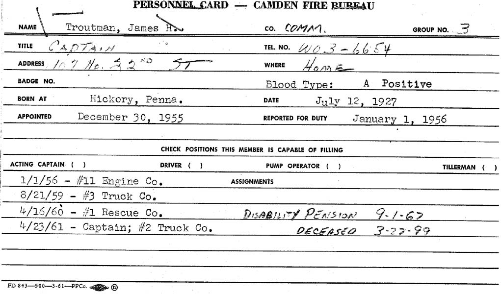Camden Fire Department personnel record card for James H. Troutman, front