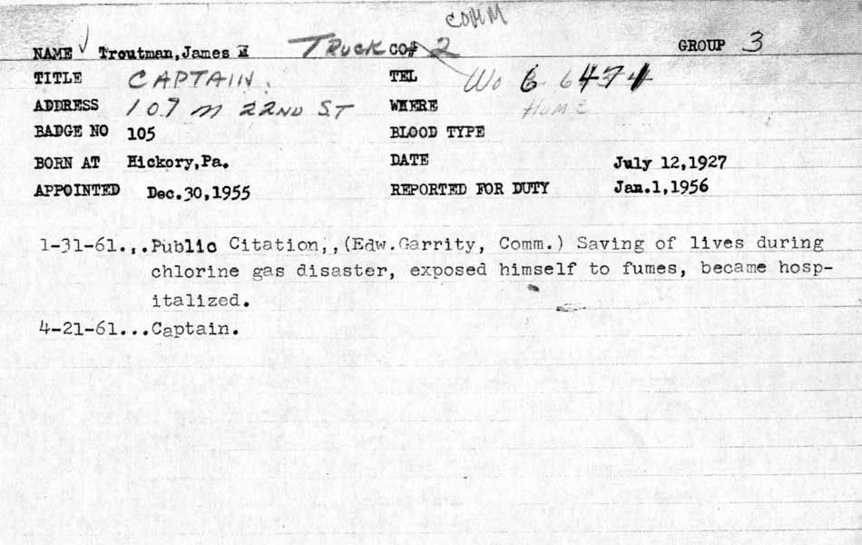 Camden Fire Department personnel record card for James H. Troutman, reverse
