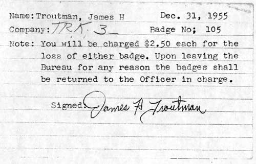 Camden Fire Department personnel record card for James H. Troutman, detail