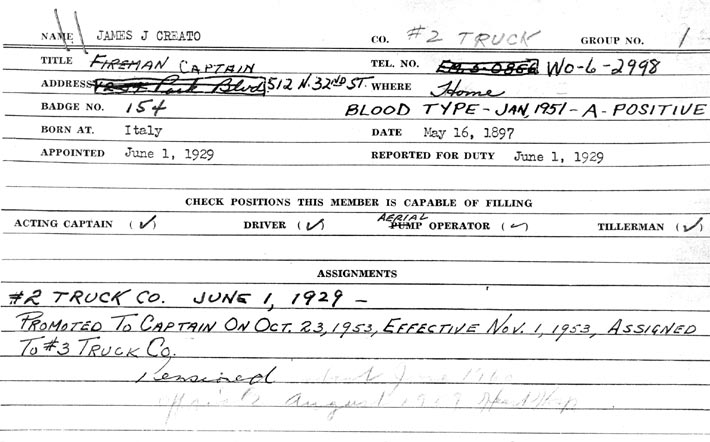 Fire Department record card for James J. Creato
