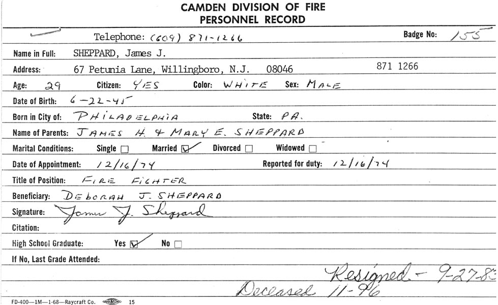 Fire Department record card for James J. Sheppard