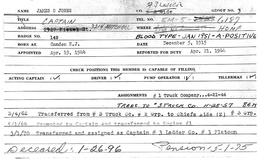 James O. Jones fire department service record card