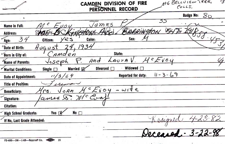 James P. McEvoy fire department personnel card