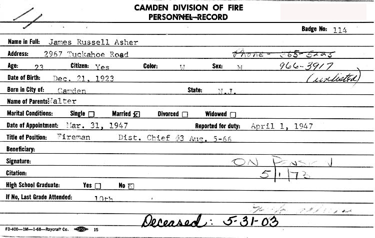 Camden Fire Department card — James R. Asher (back)