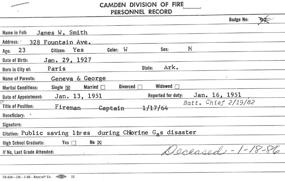 Camden Division of Fire personnel record for James W. Smith, Badge No. 97