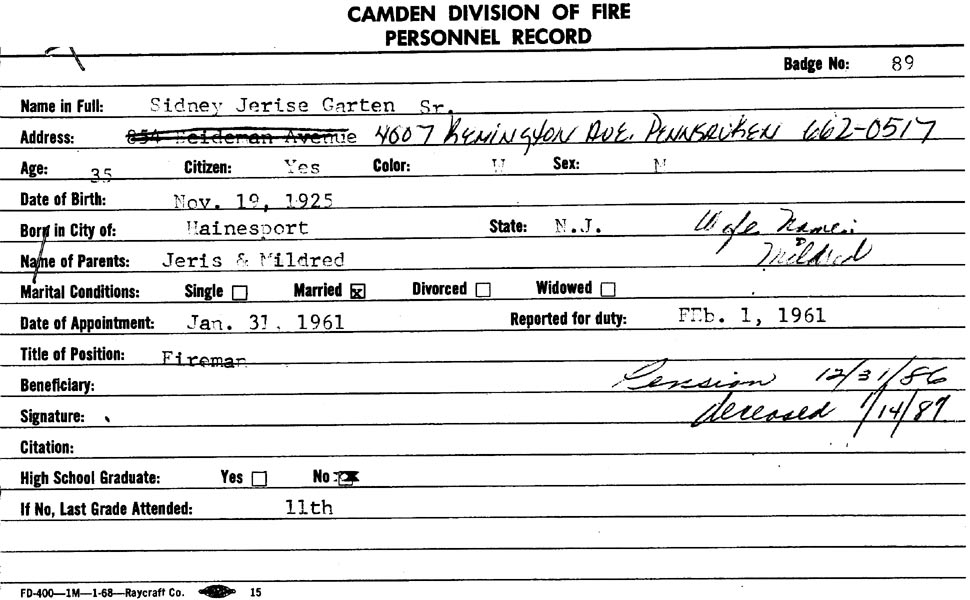 Camden Division of Fire Personnel Record for Jerise Garten Sr., Badge No. 89