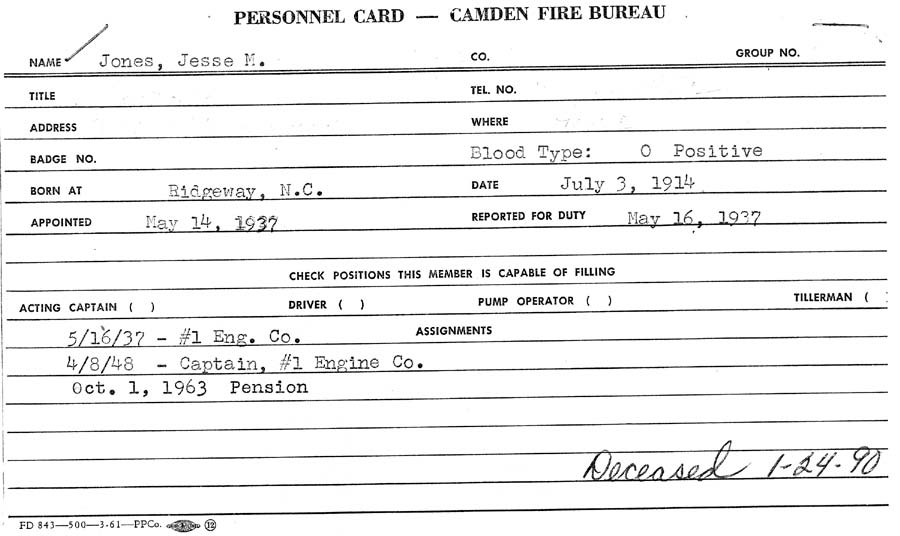 Jesse M. Jones — Camden Fire Department Record Card
