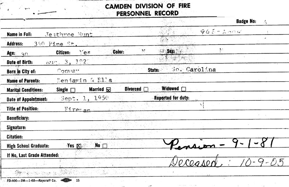 Camden Division of Fire Personnel Record — Jesthroe Hunt