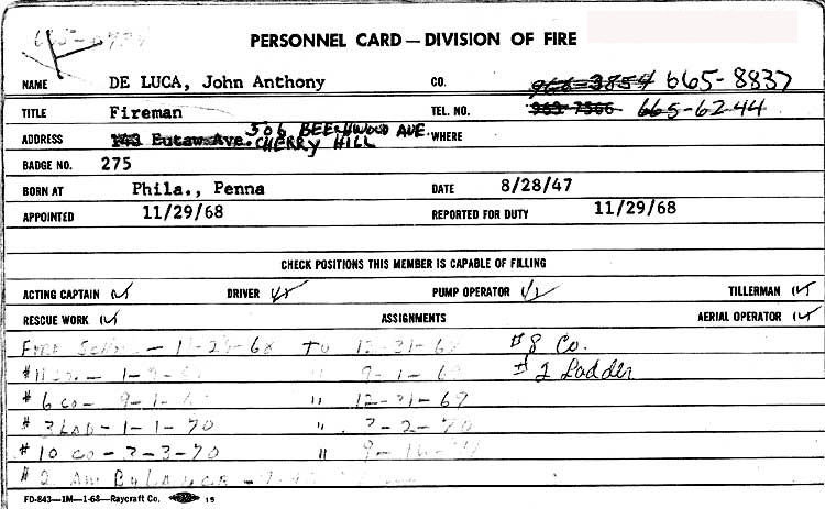 Camden Fire Department Personnel Card — John Anthony DeLuca