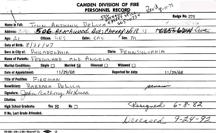 Camden Division of Fire Personnel Record — John Anthony DeLuca