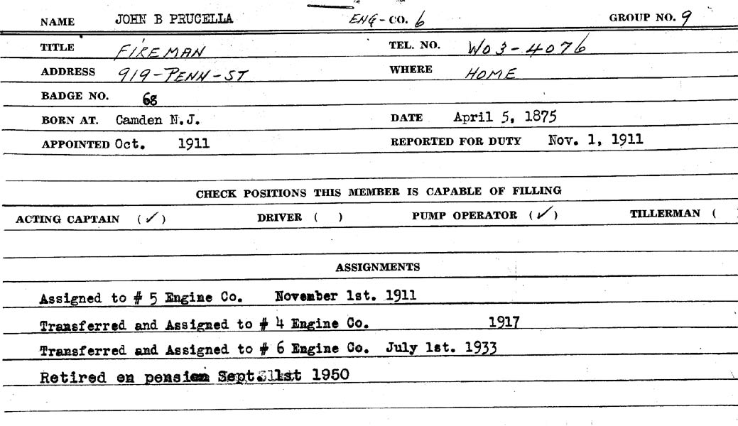 Fire Department record card for John B. Prucella