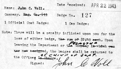 John C. Voll Jr. badge receipt from Camden Fire Department
