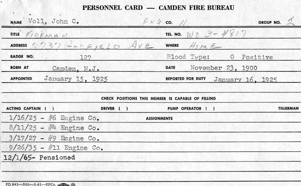 John C. Voll Jr. personnel record from Camden Fire Department, early state before assignments were filled in