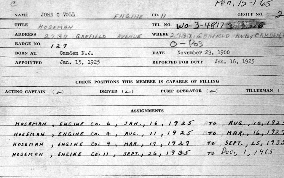 John C. Voll Jr. personnel record from Camden Fire Department